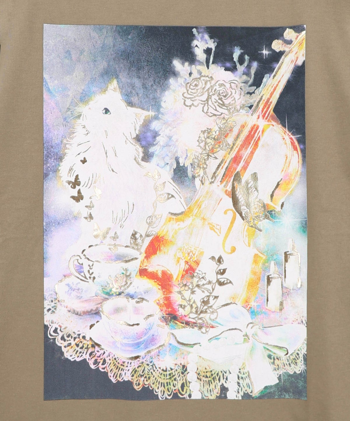 ネコと音楽のお茶会 箔プリント入りTシャツ-14