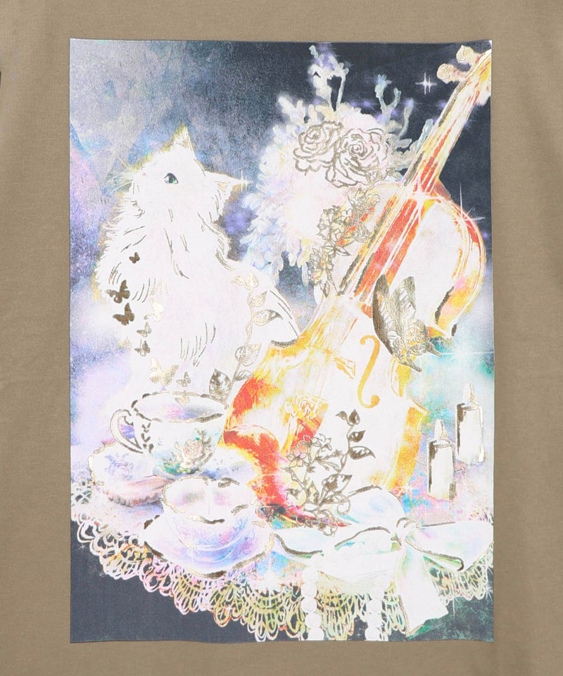 ネコと音楽のお茶会 箔プリント入りTシャツ-14