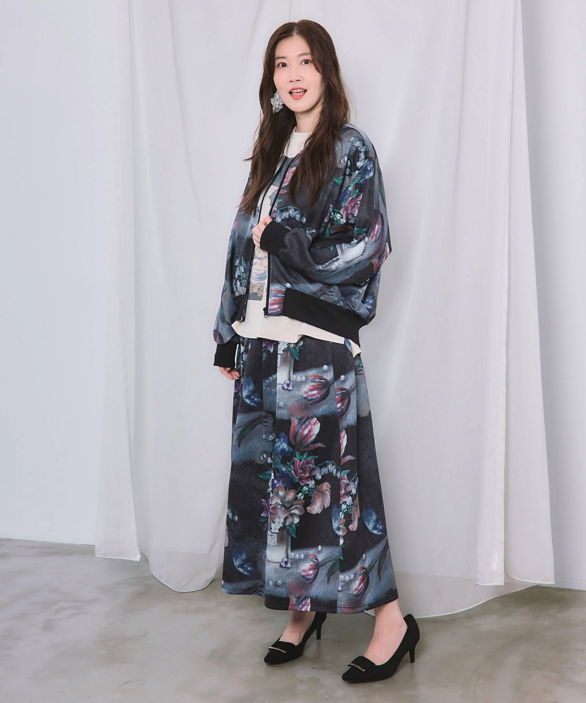ボタニカル柄 ジャージ風スカート-3