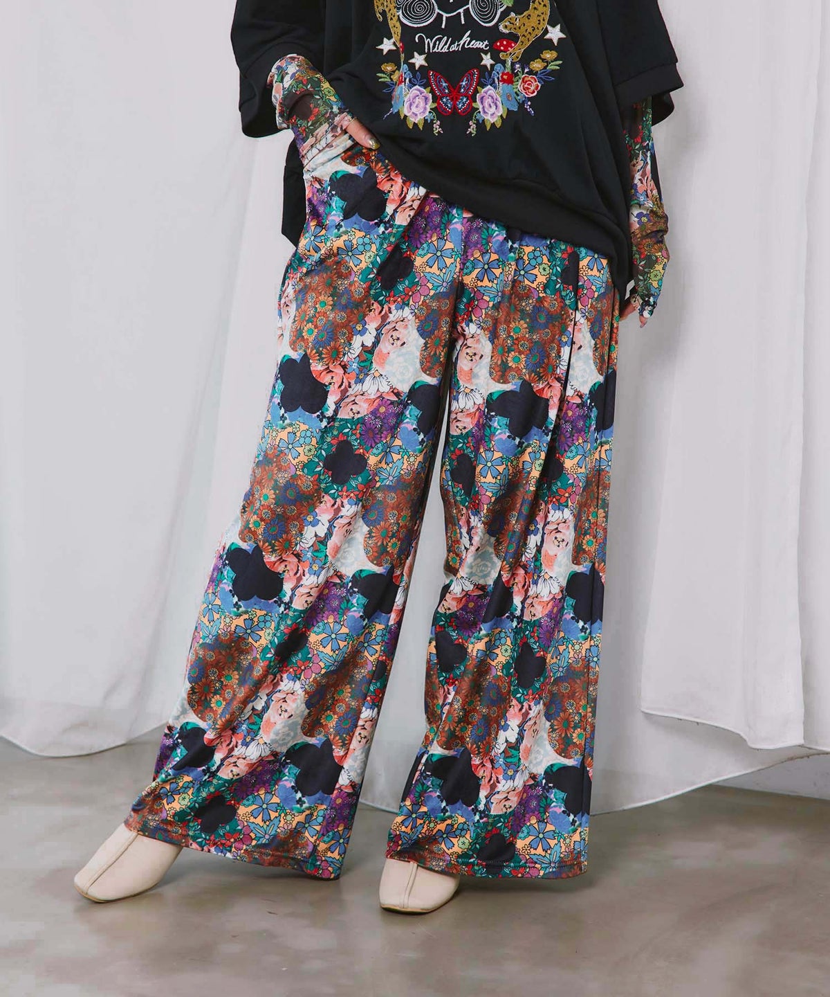 三柄展開 総柄ベロアパンツ-1