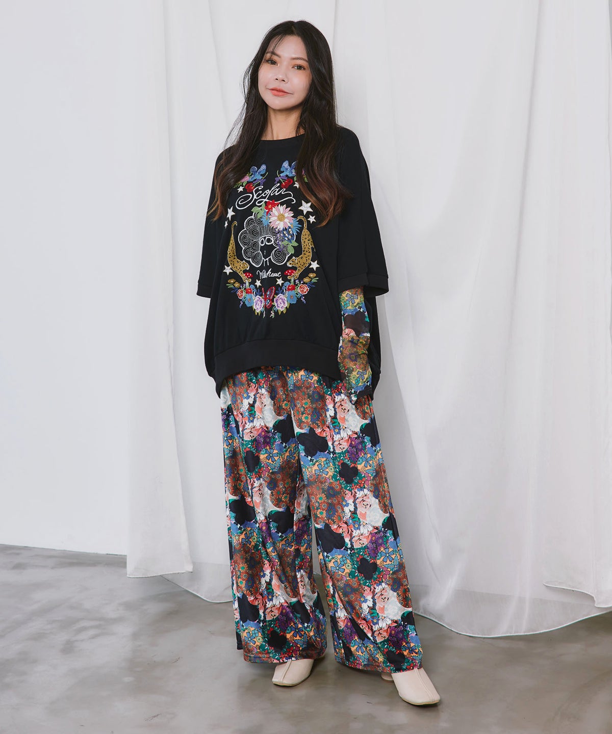 三柄展開 総柄ベロアパンツ-2