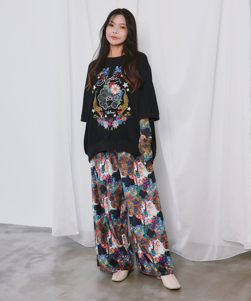 三柄展開 総柄ベロアパンツ-2