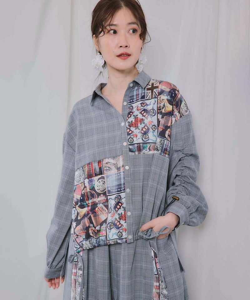 チェック×コラージュ柄 ドロスト付きシャツ-1