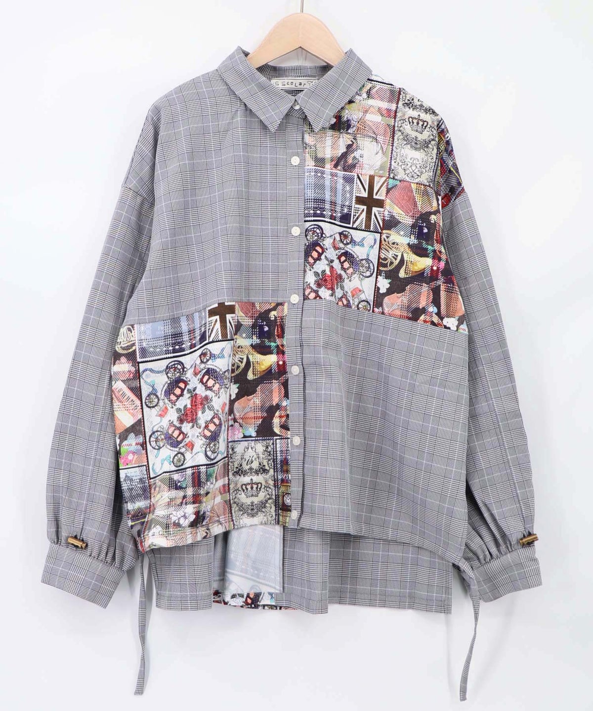 チェック×コラージュ柄 ドロスト付きシャツ-8