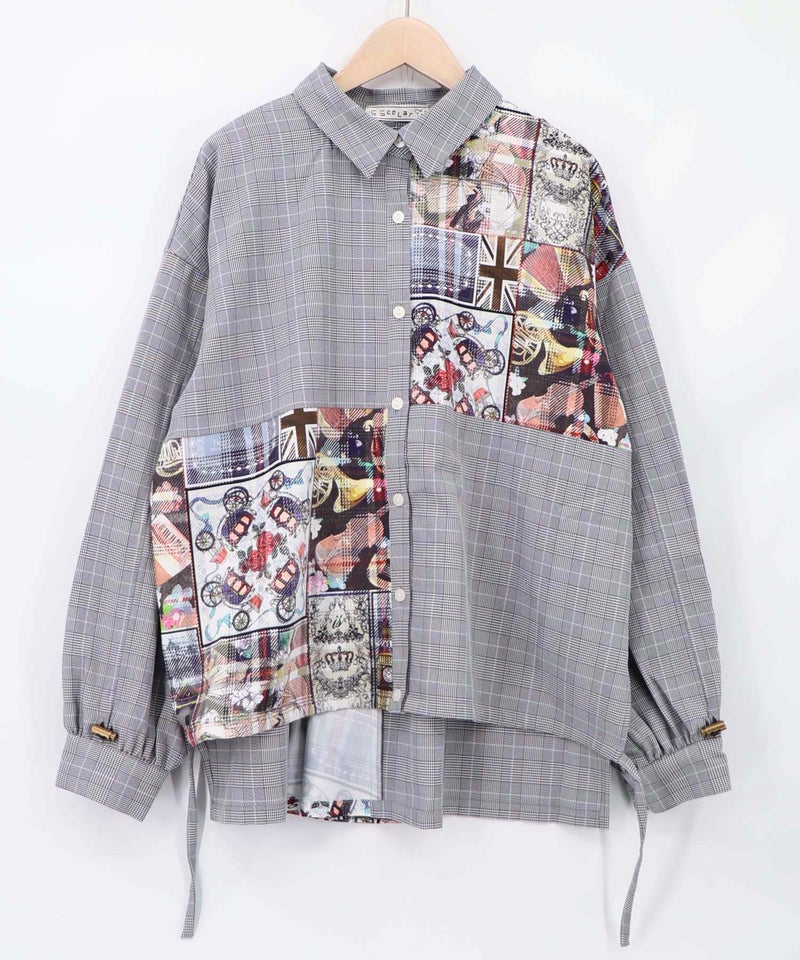 チェック×コラージュ柄 ドロスト付きシャツ-8