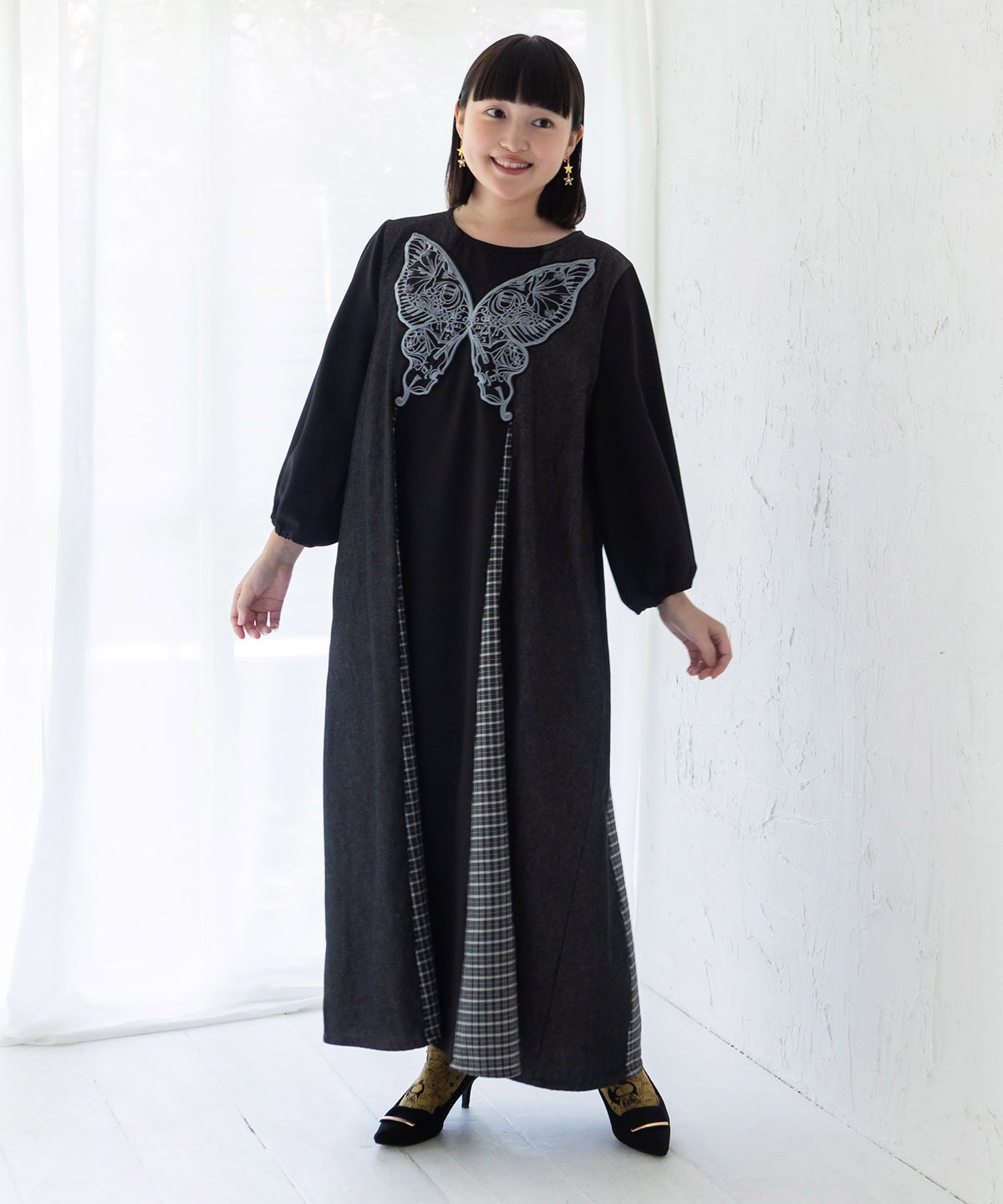 胸元蝶レース刺繍 異素材切替デニムワンピース-1