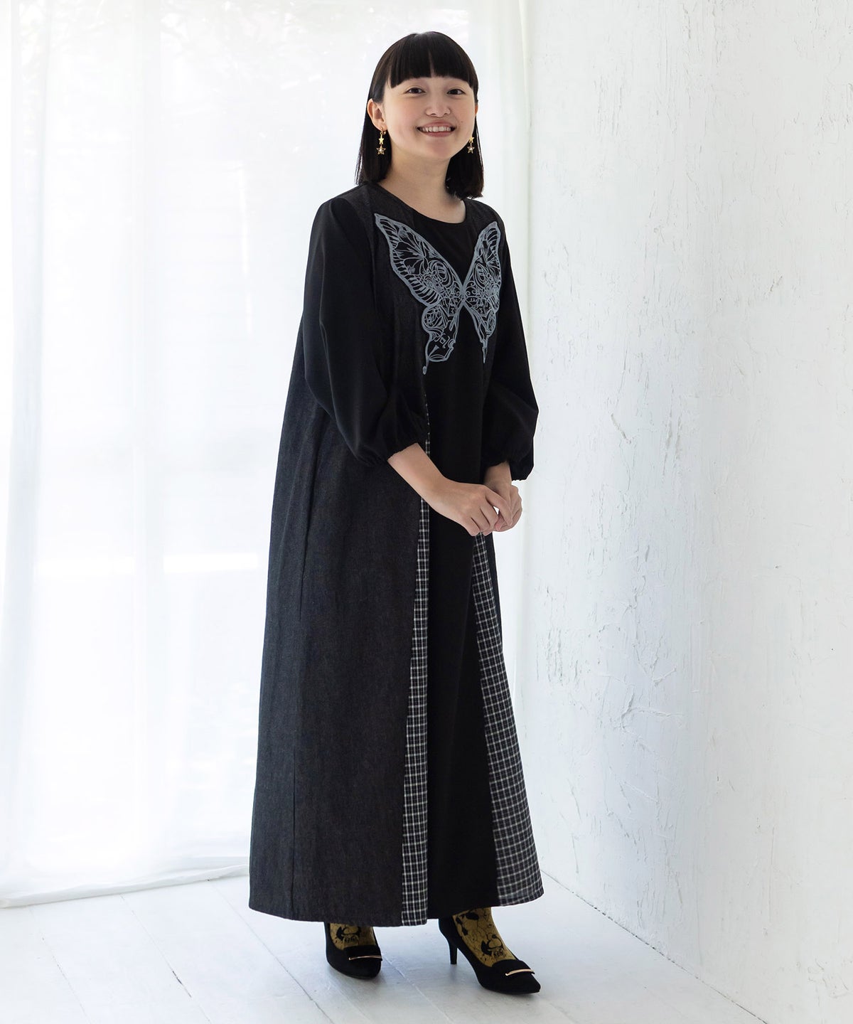 胸元蝶レース刺繍 異素材切替デニムワンピース-2