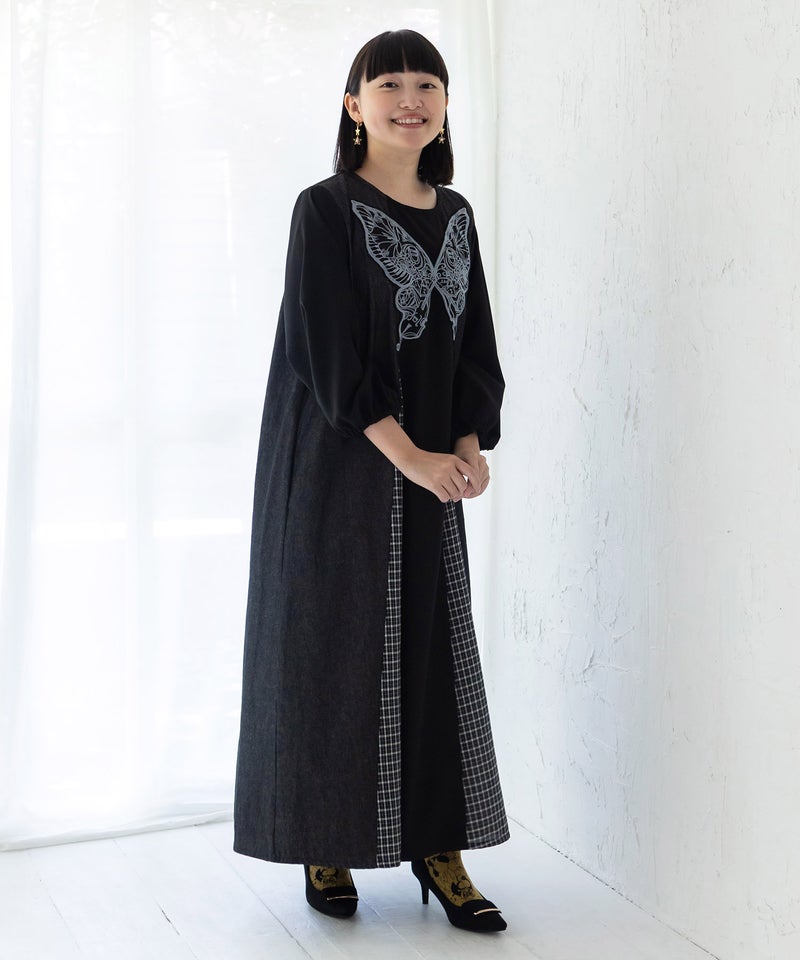 胸元蝶レース刺繍 異素材切替デニムワンピース-2