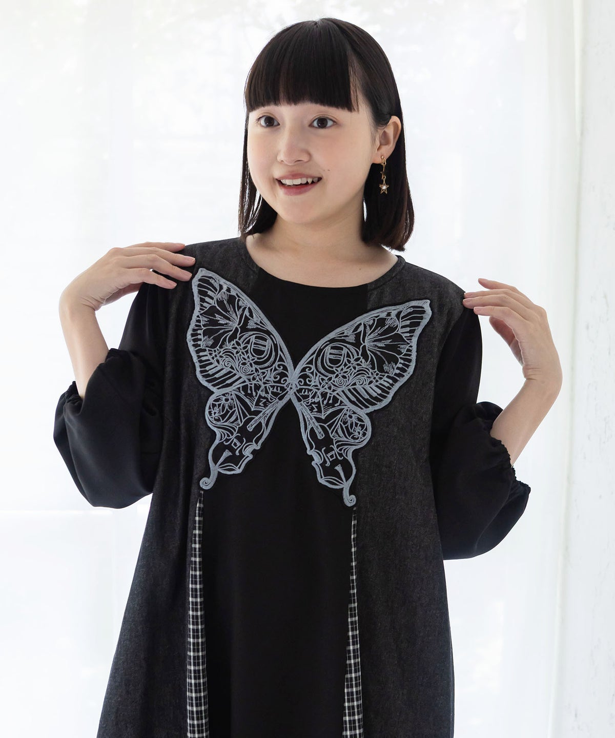 胸元蝶レース刺繍 異素材切替デニムワンピース-3