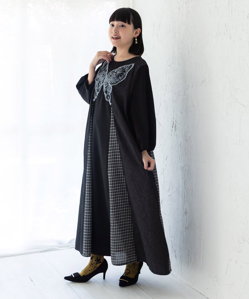 胸元蝶レース刺繍 異素材切替デニムワンピース-4