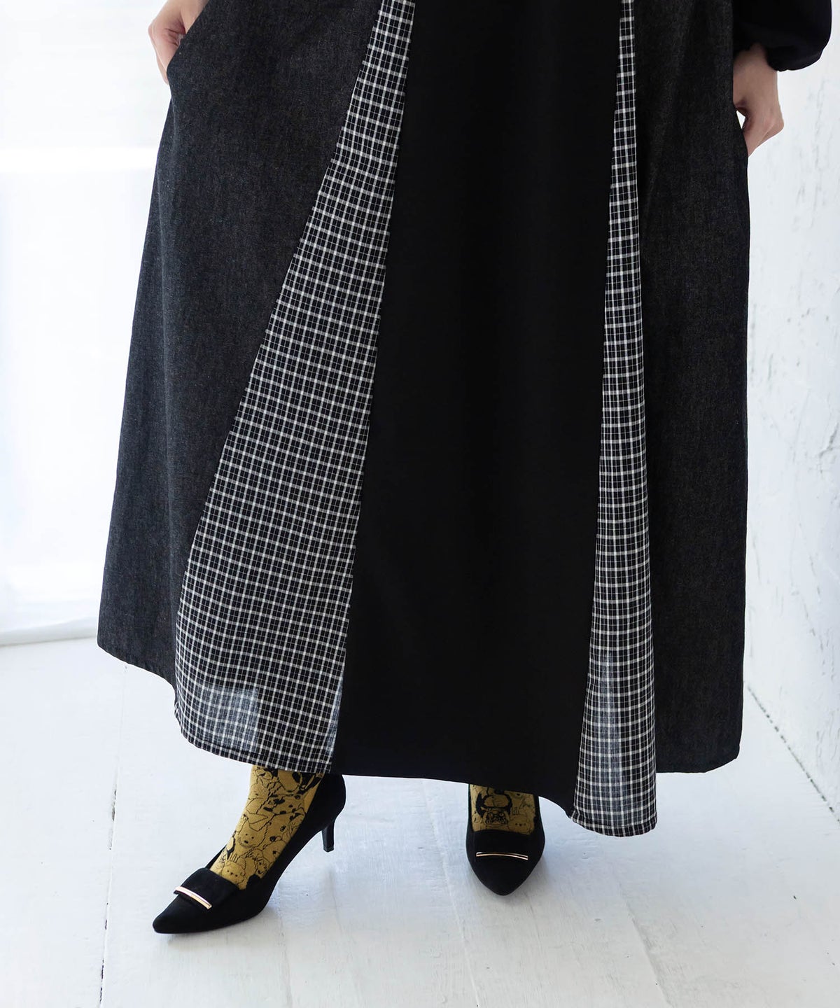 胸元蝶レース刺繍 異素材切替デニムワンピース-8