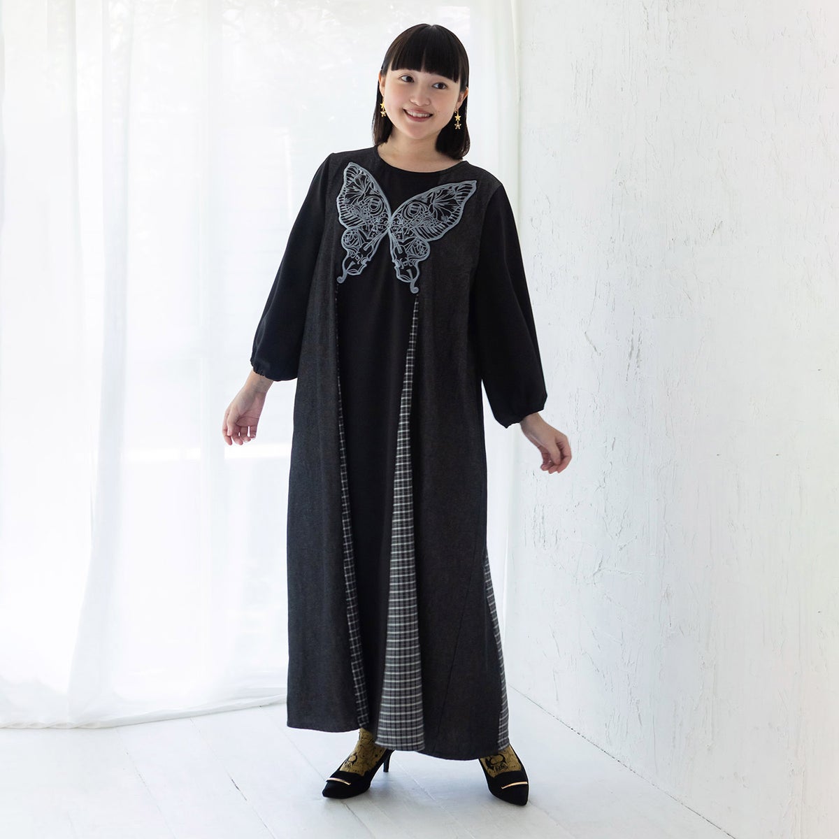 胸元蝶レース刺繍 異素材切替デニムワンピース-10