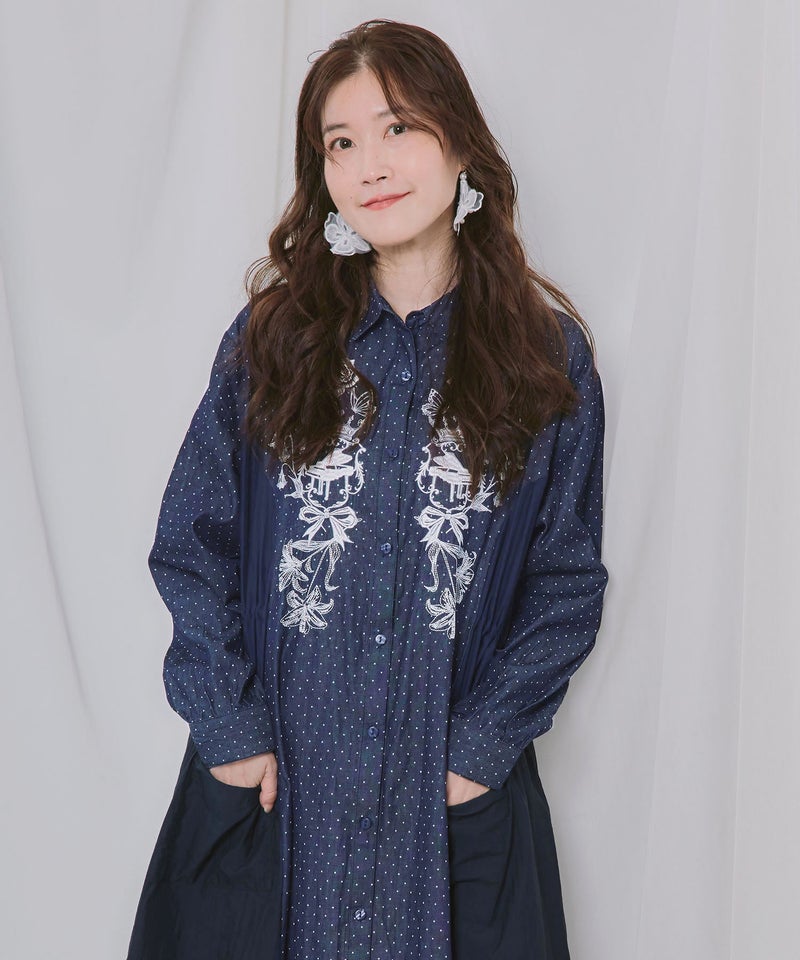 花とピアス柄刺繍 デニムシャツワンピース-2