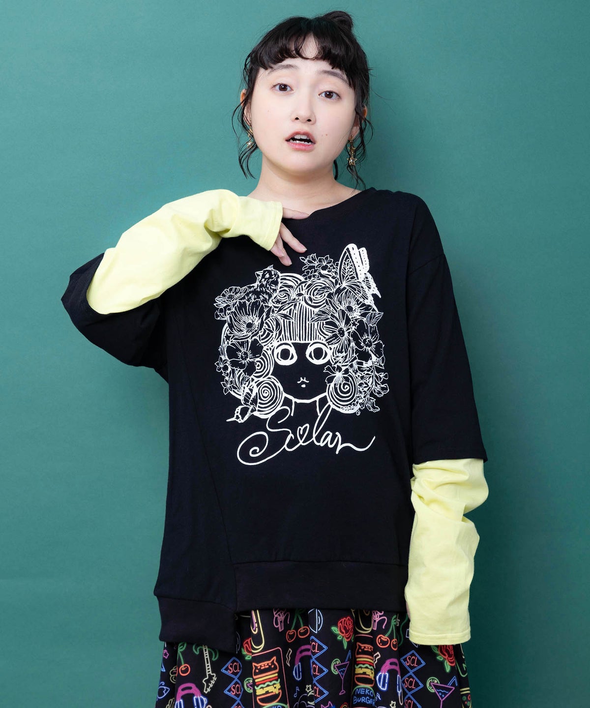スカラーちゃん 袖バイカラー切替Tシャツ-1