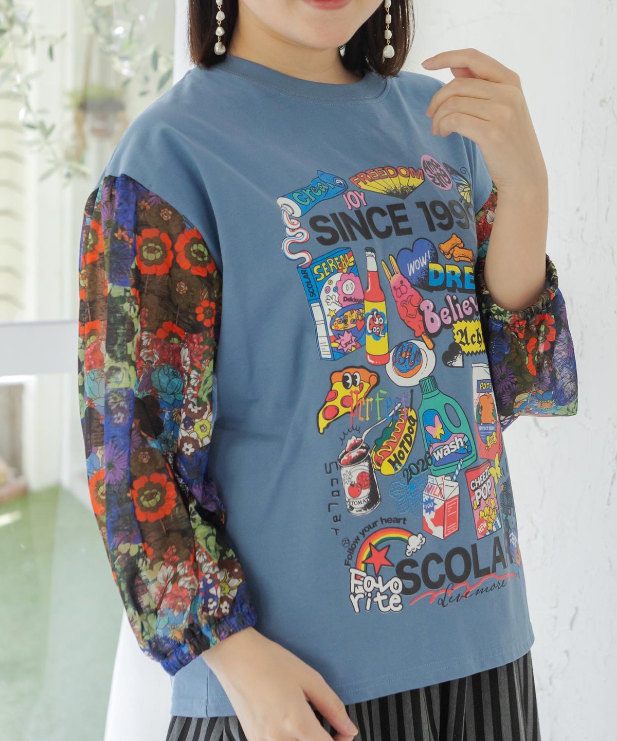 カラフルマーケット柄 袖切替プルオーバー-6