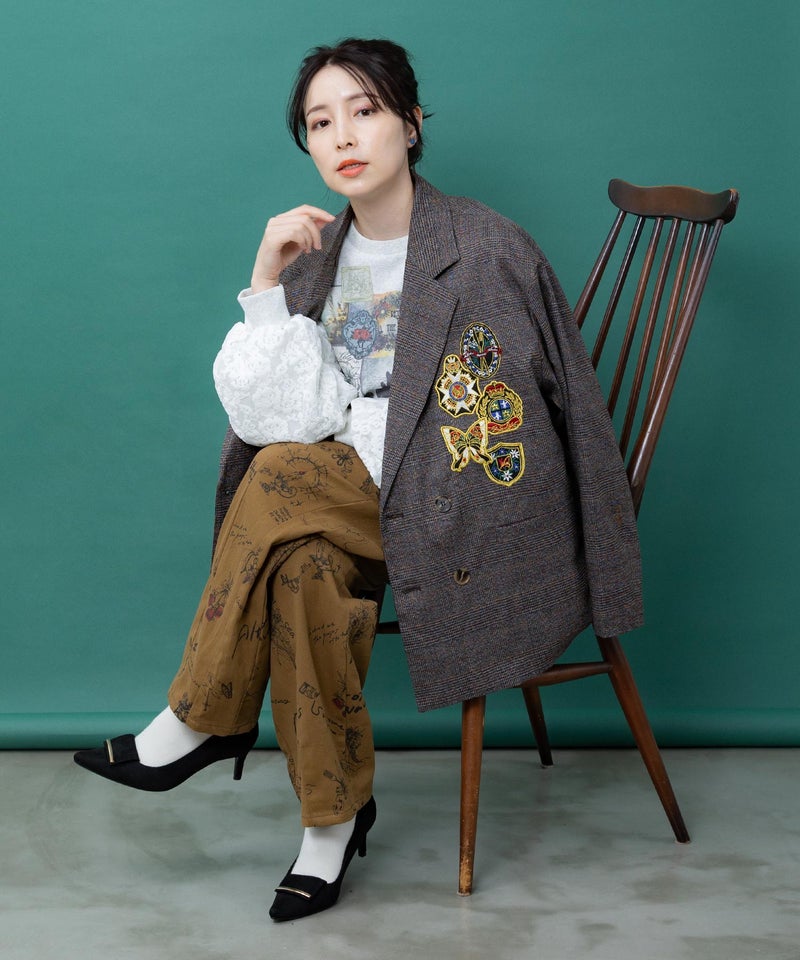 アップリケ刺繍 無地orチェック テーラードジャケット-5