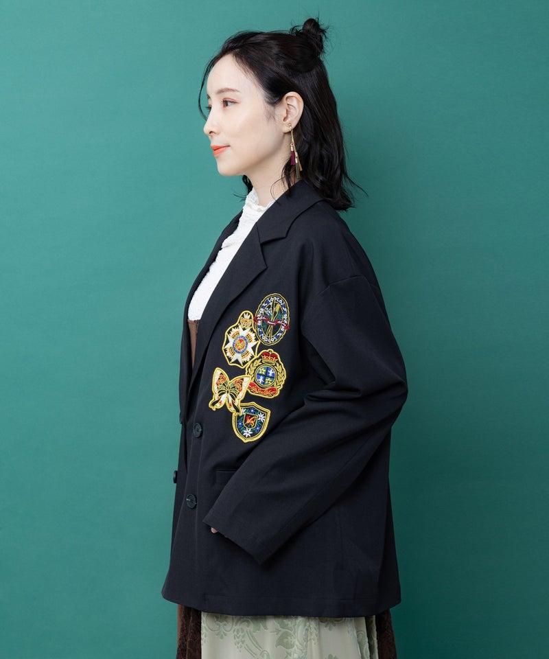 アップリケ刺繍 無地orチェック テーラードジャケット-11