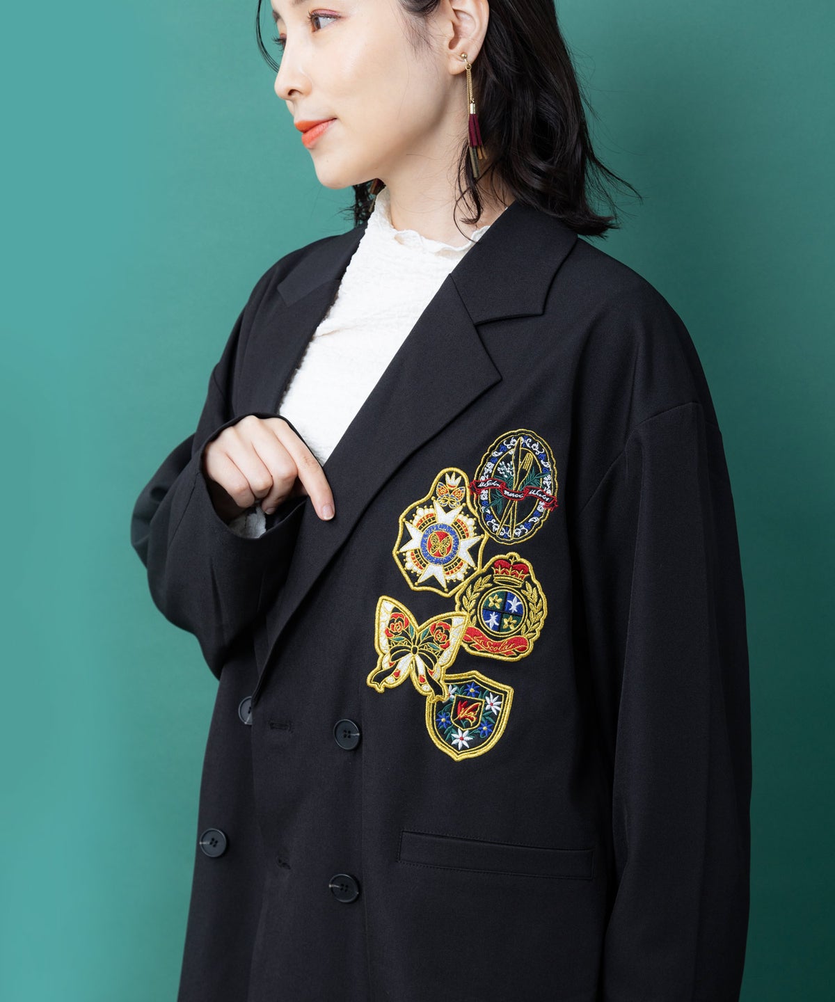 アップリケ刺繍 無地orチェック テーラードジャケット-13