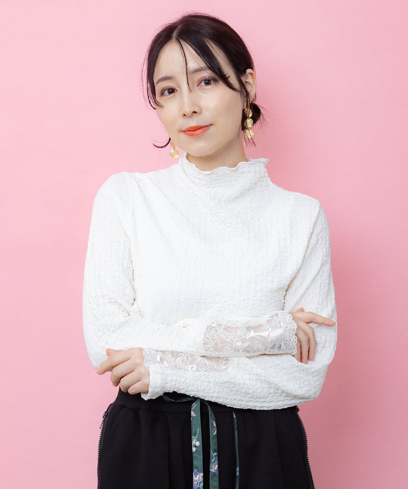 チェス柄袖レース付き ハイネックシャーリングTシャツ-1