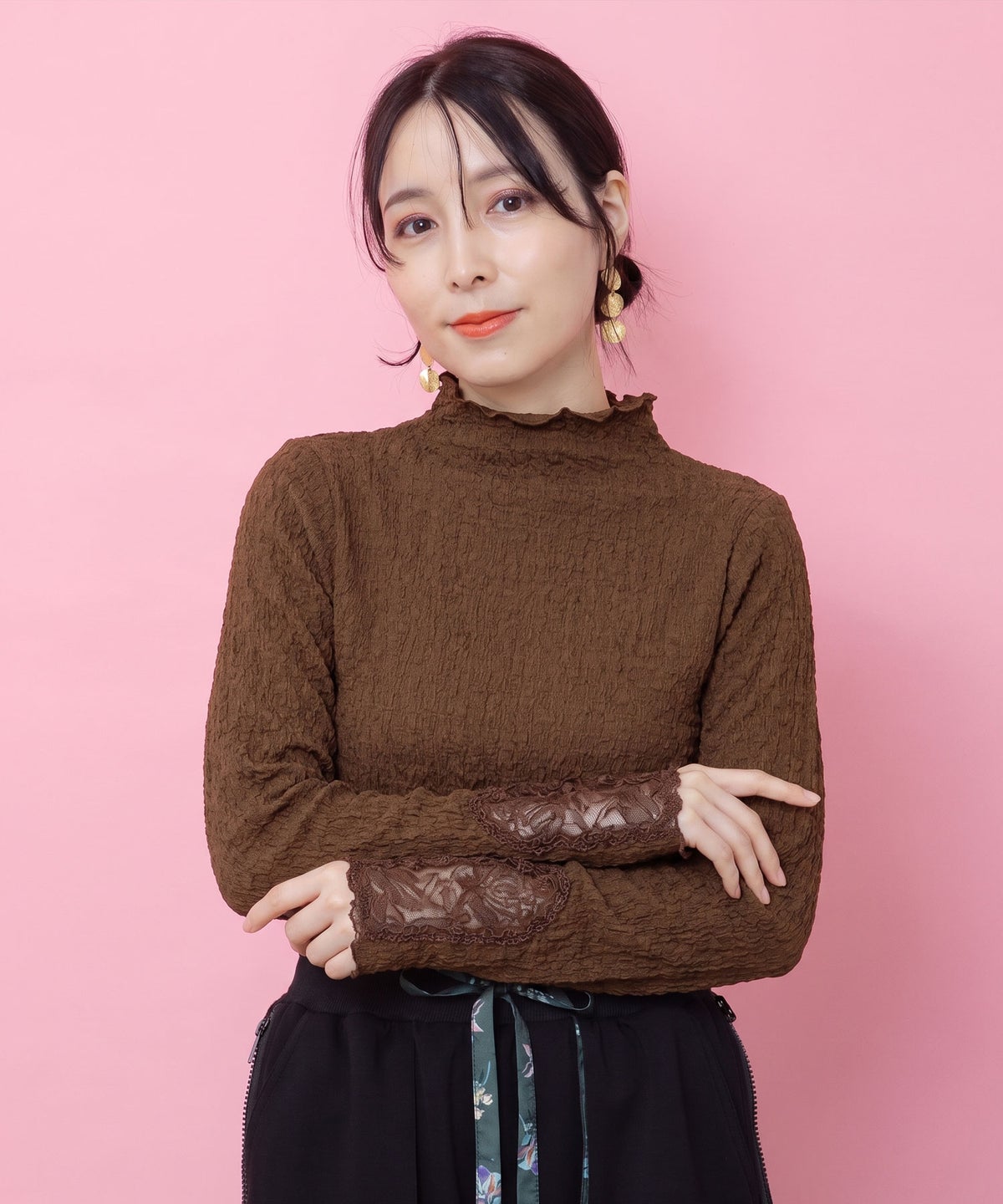チェス柄袖レース付き ハイネックシャーリングTシャツ-1