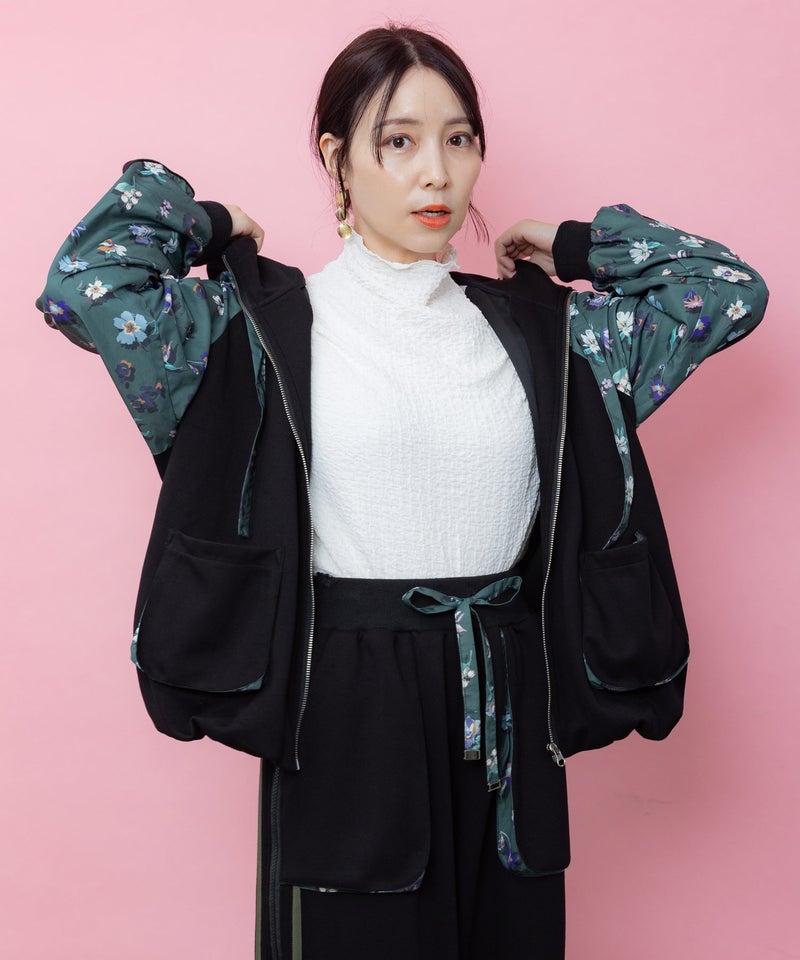 チェス柄袖レース付き ハイネックシャーリングTシャツ-6