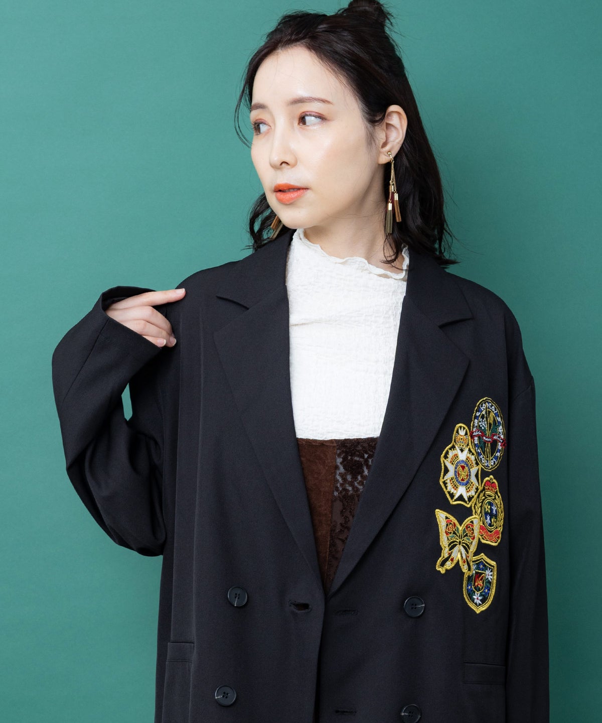 チェス柄袖レース付き ハイネックシャーリングTシャツ-8