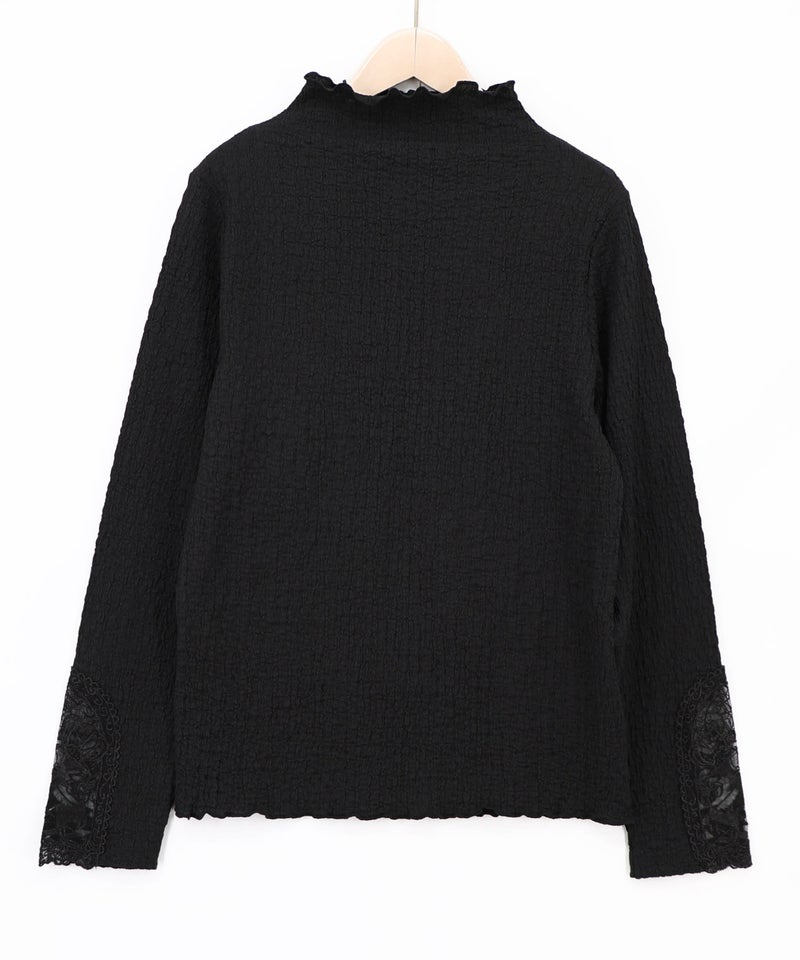 チェス柄袖レース付き ハイネックシャーリングTシャツ-11