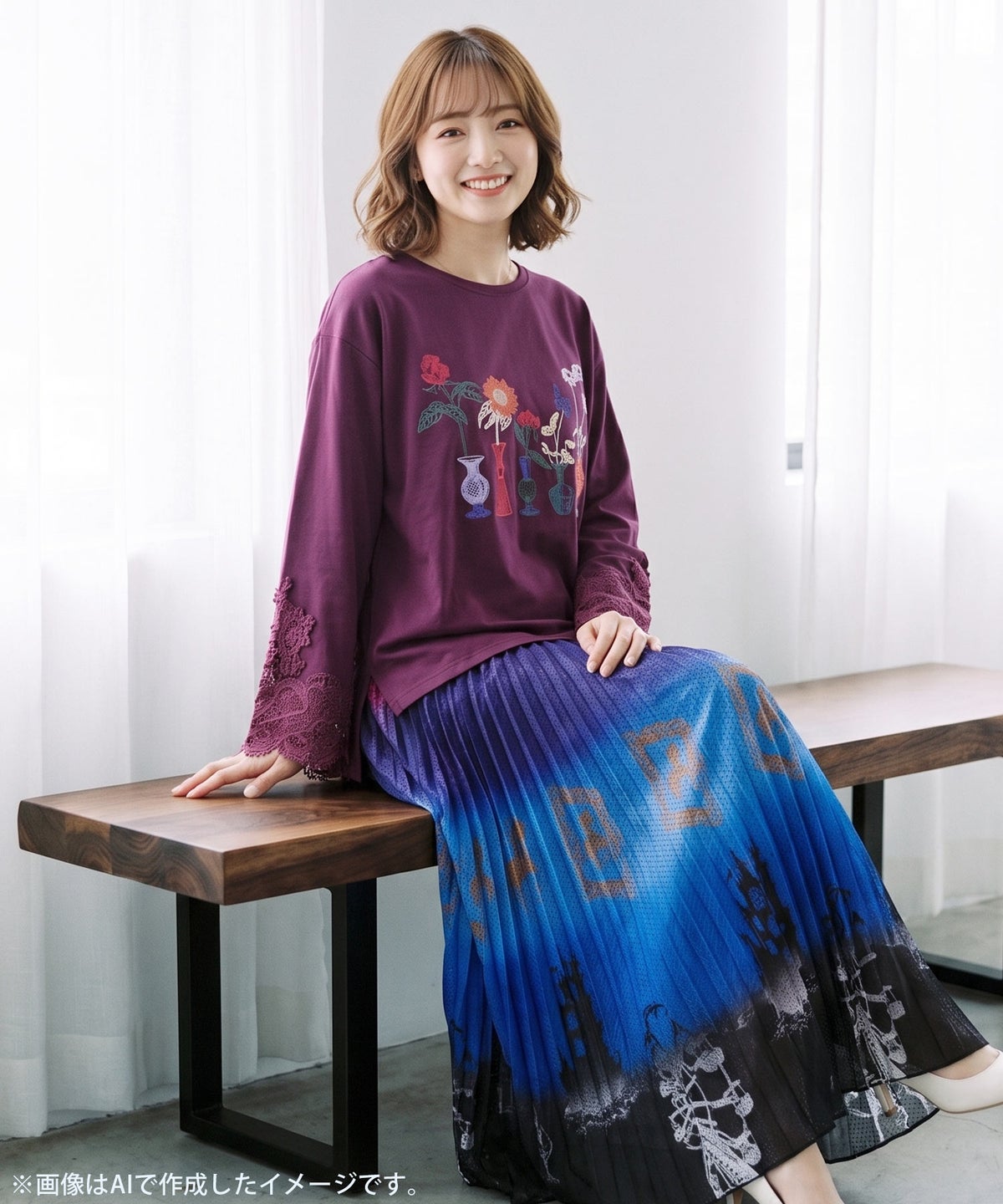 花瓶の花刺繍 袖レース付きプルオーバー-7