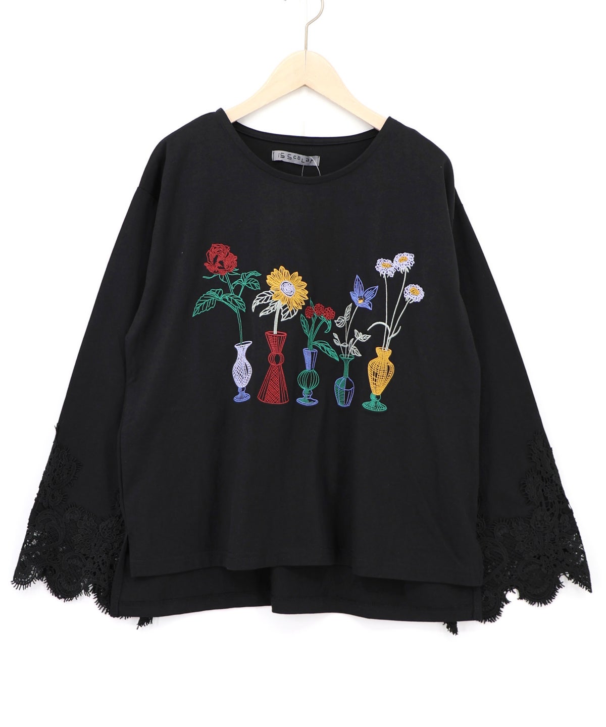 花瓶の花刺繍 袖レース付きプルオーバー-8