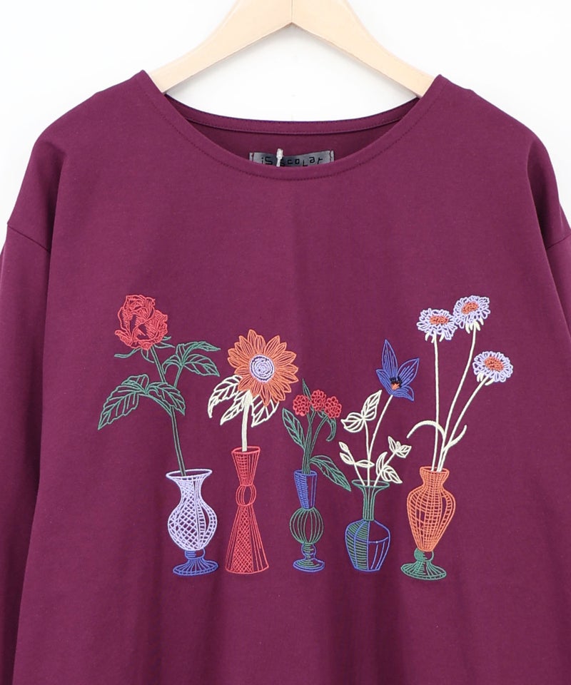 花瓶の花刺繍 袖レース付きプルオーバー-12