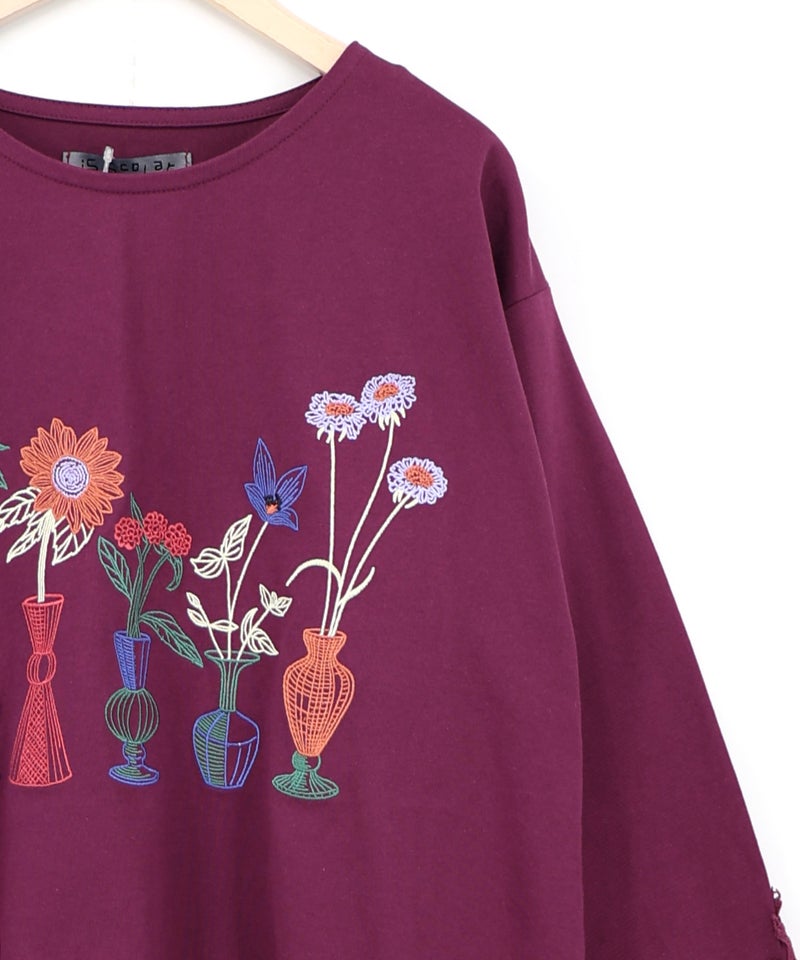 花瓶の花刺繍 袖レース付きプルオーバー-13