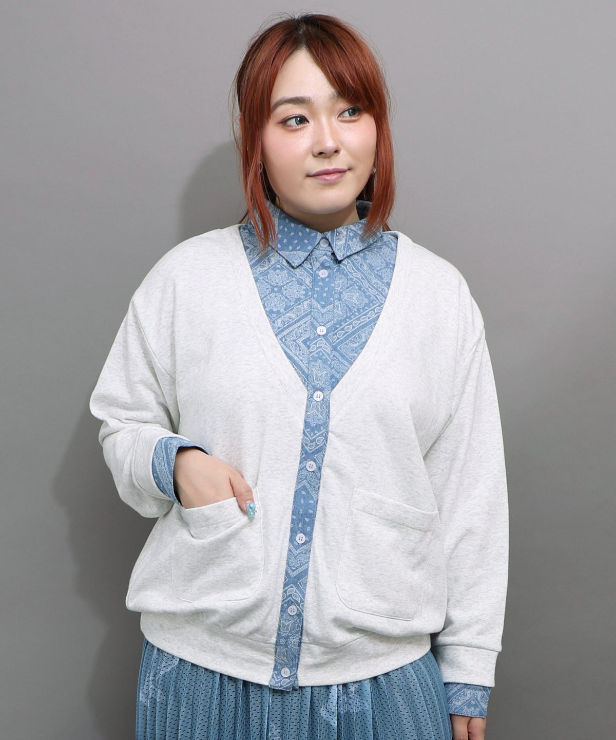 後ろ刺繍 レイヤード風カーディガン-1