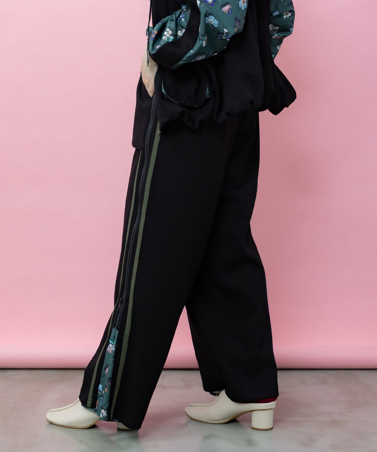 花柄切替 ジャージ風ワイドパンツ-5