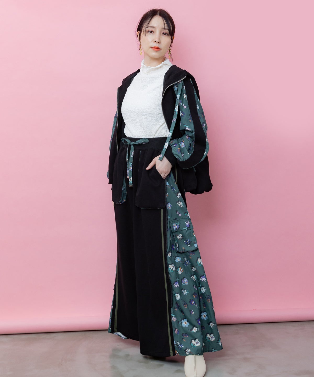 花柄切替 ジャージ風ワイドパンツ-7