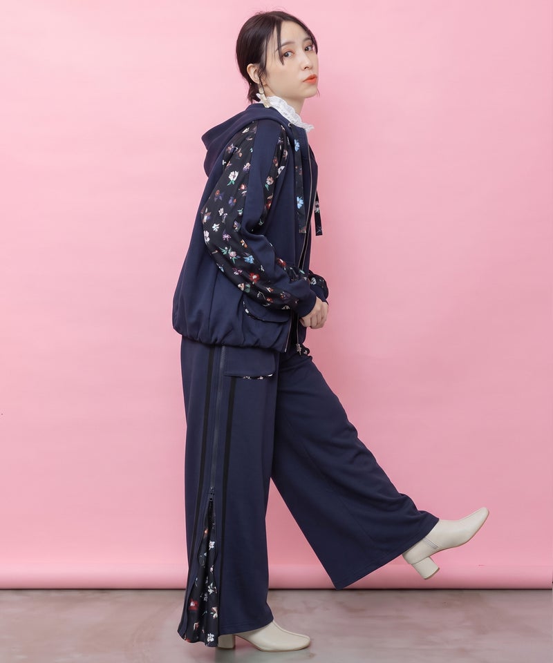 花柄切替 ジャージ風ワイドパンツ-11