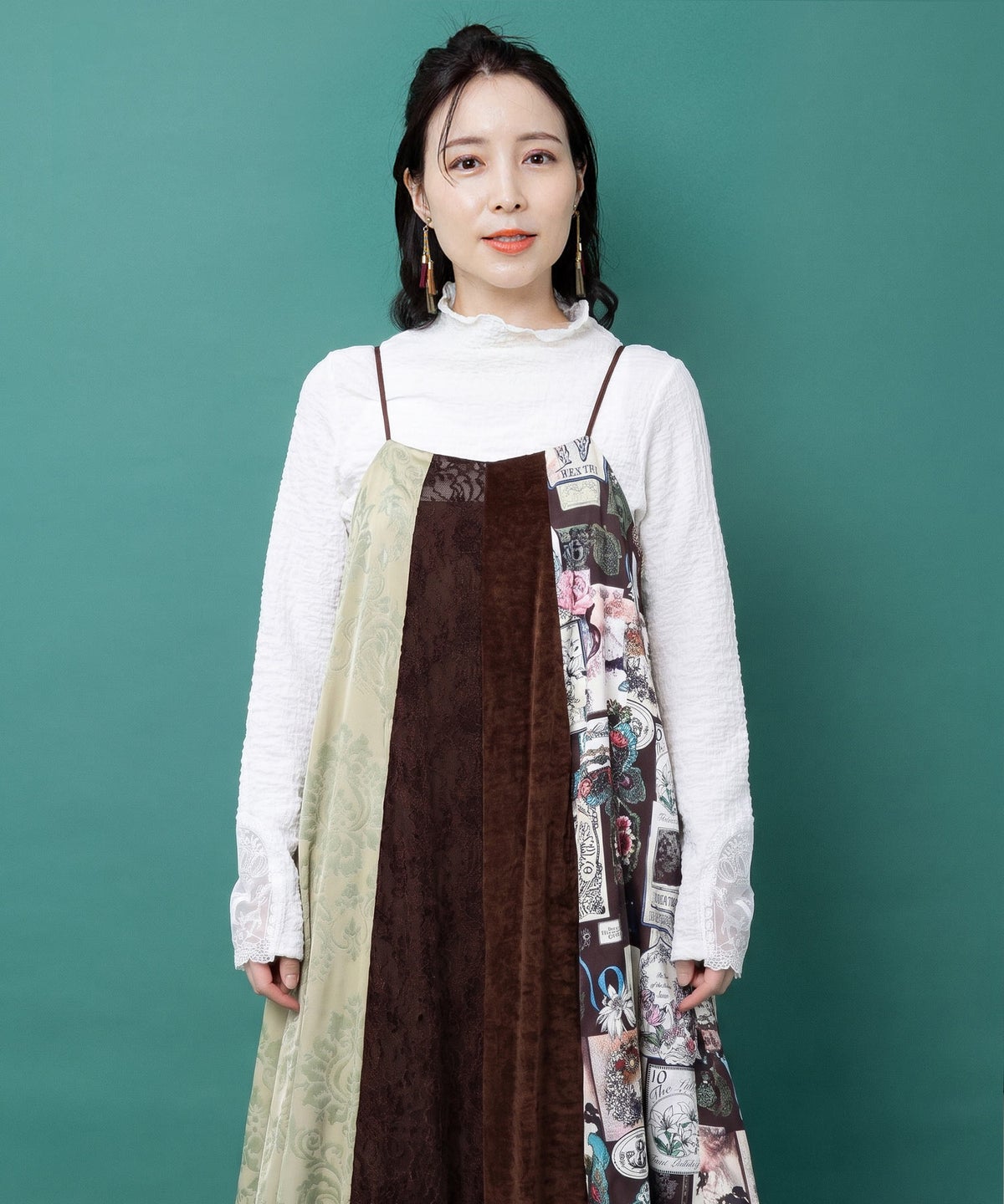 異素材切替 アンティーク調キャミワンピース-2