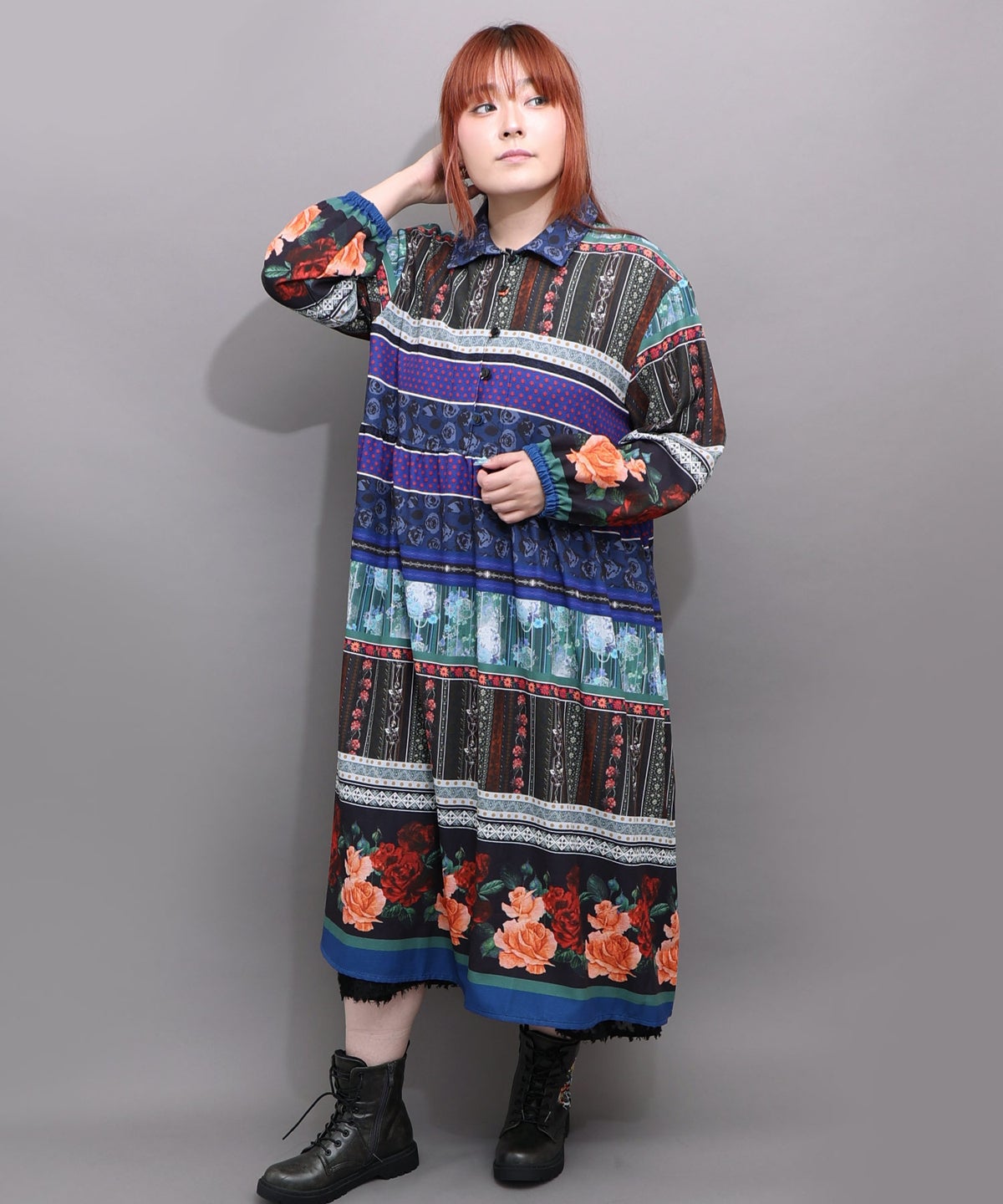 クラシカルローズ パッチワーク風柄シャツワンピ-1