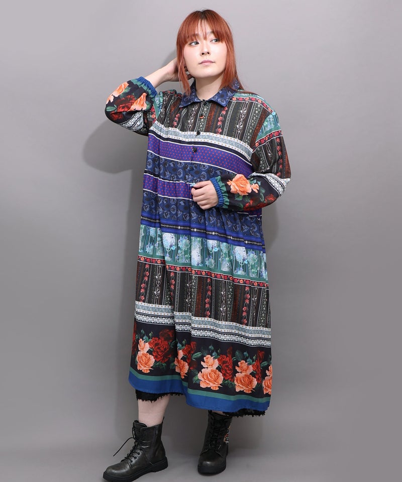 クラシカルローズ パッチワーク風柄シャツワンピ-1