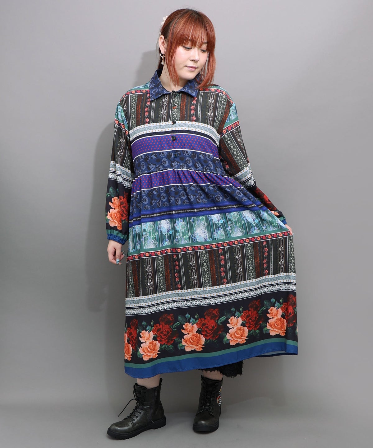 クラシカルローズ パッチワーク風柄シャツワンピ-2