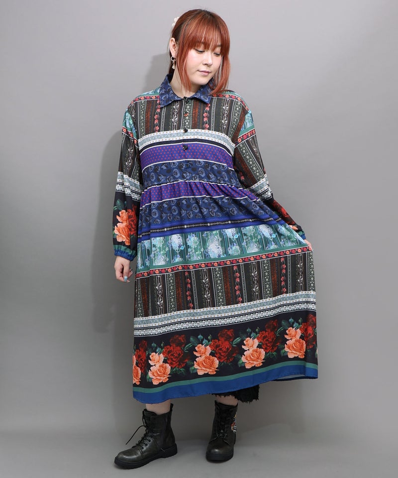 クラシカルローズ パッチワーク風柄シャツワンピ-2