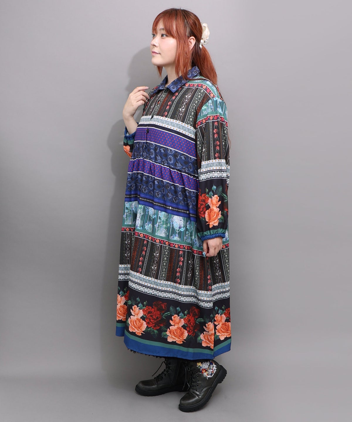 クラシカルローズ パッチワーク風柄シャツワンピ-3