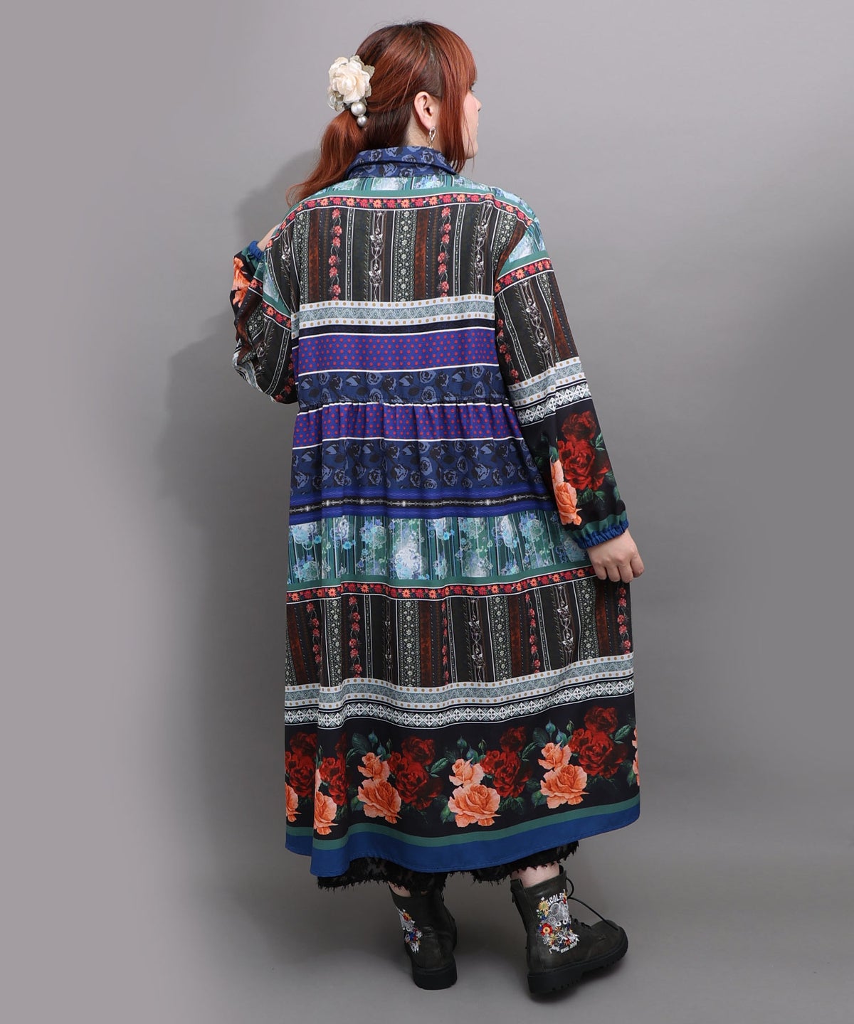 クラシカルローズ パッチワーク風柄シャツワンピ-4