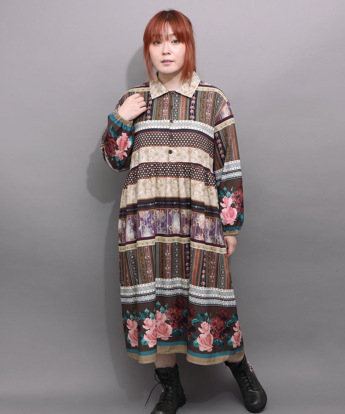 クラシカルローズ パッチワーク風柄シャツワンピ-7