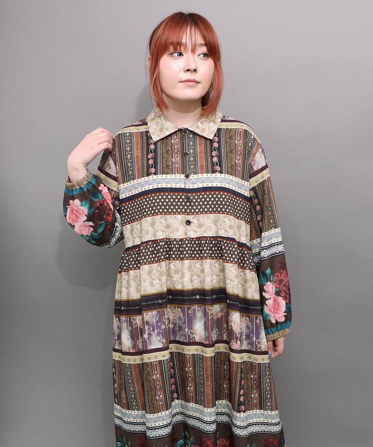 クラシカルローズ パッチワーク風柄シャツワンピ-8