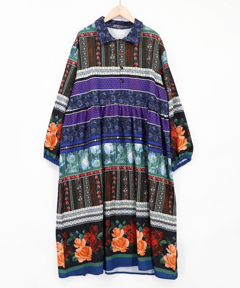 クラシカルローズ パッチワーク風柄シャツワンピ-9