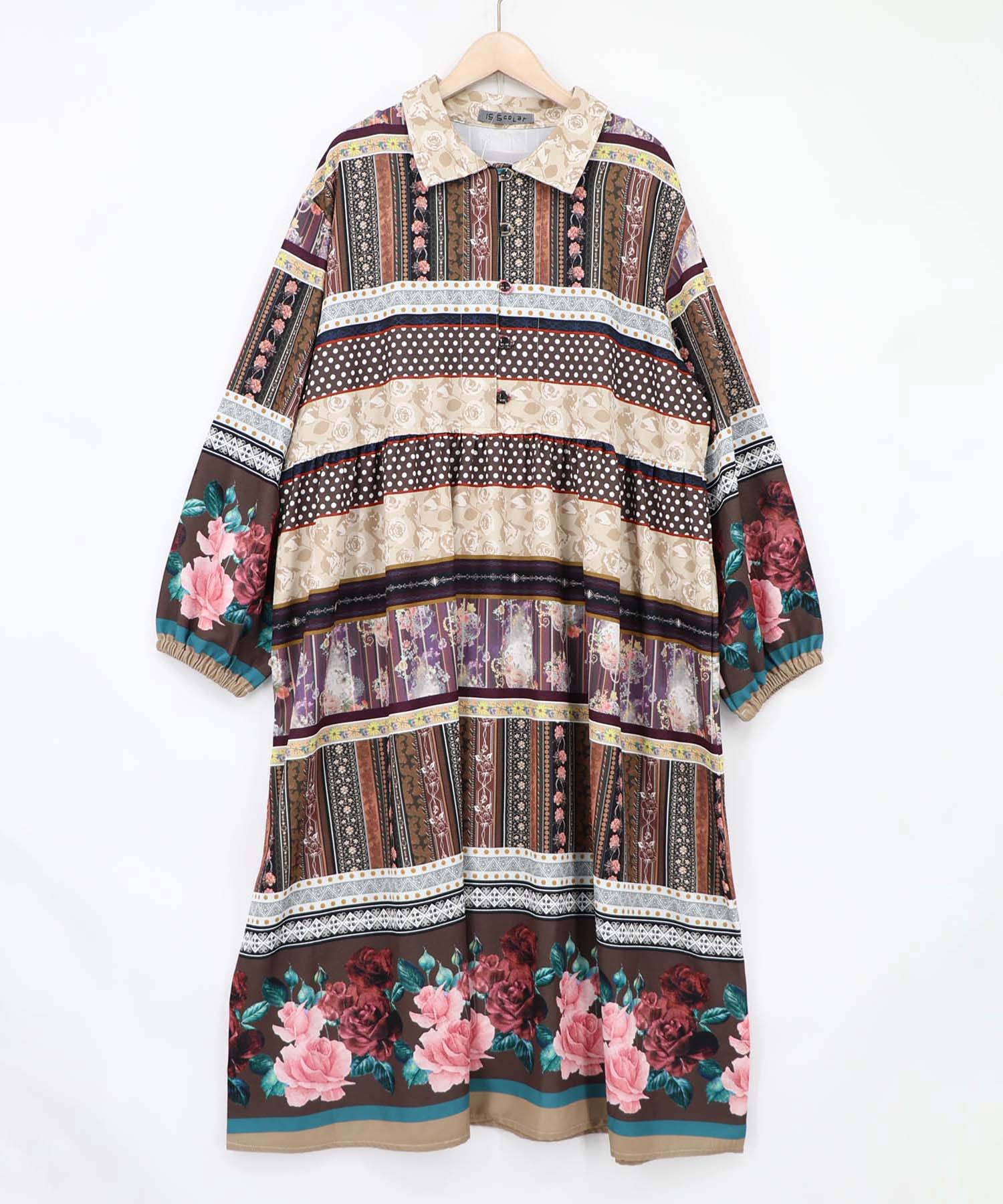 563219：クラシカルローズ パッチワーク風柄シャツワンピの通販-ScoLar
