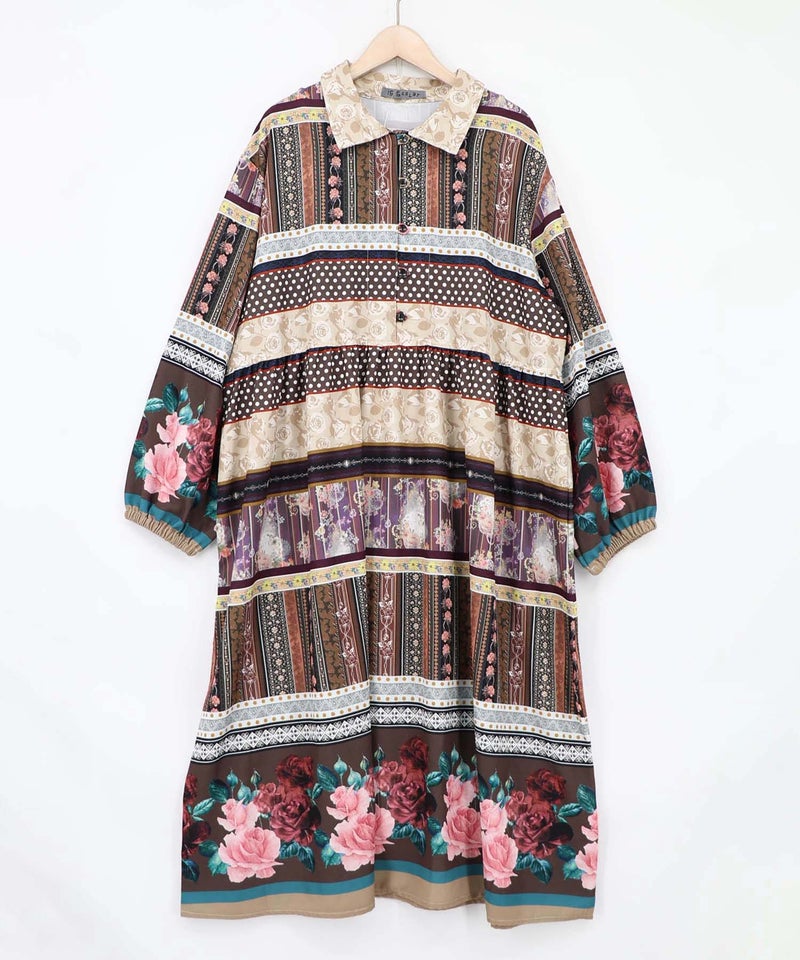 クラシカルローズ パッチワーク風柄シャツワンピ-11