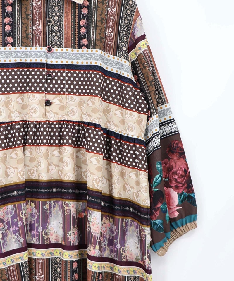 クラシカルローズ パッチワーク風柄シャツワンピ-14