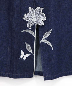 デニム×コーデュロイ 花刺繍配色スカート-17