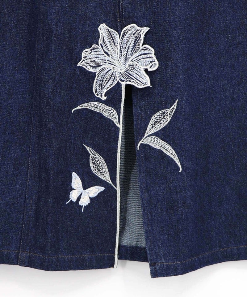 デニム×コーデュロイ 花刺繍配色スカート-17